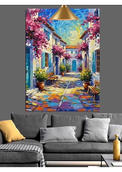 Renkli Çiçeklerle Süslü Dar Sokak Dekoratif Kanvas - Mdf Ahşap Tablo indirimleri