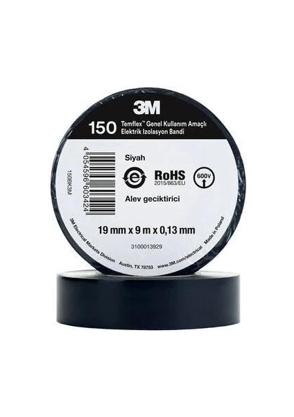 Plus Px-3mpz 3m Siyah 3m Izole Bant (Elektrik Bandı), Yüksek Isıya Dayanaklı Izole Bant 10LU Paket