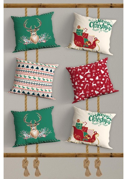 6’li Yılbaşı Desenli, Dekoratif Çift Tarafı Dijital Baskı, Yastık Kılıfı, Kırlent Kılıfı, Fermuarlı