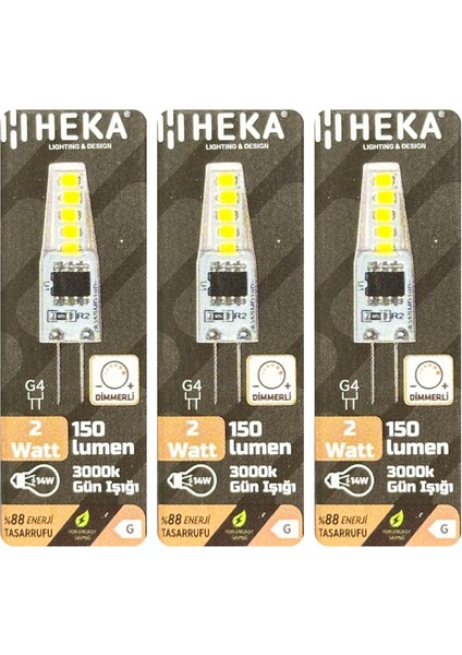 (3 Adet) Heka 2W (14W) 3000K (Sarı Işık) G4 Duylu Dim Edilebilir LED Kapsül Ampul
