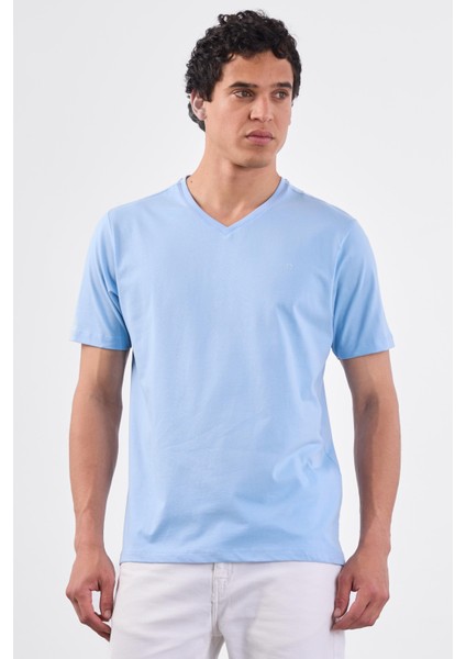 Açık Mavi V Yaka Pamuklu Düz Renk Slim Fit Erkek T-shirt