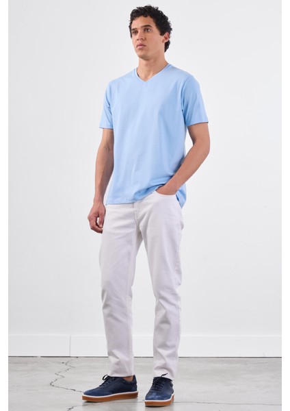 Açık Mavi V Yaka Pamuklu Düz Renk Slim Fit Erkek T-shirt modelleri