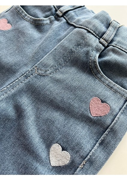 BeU Kids OV-7426 Kız Çocuk Pastel Tonlu Minik Kalp Nakışlı Mavi Denim Pantalon fırsatları