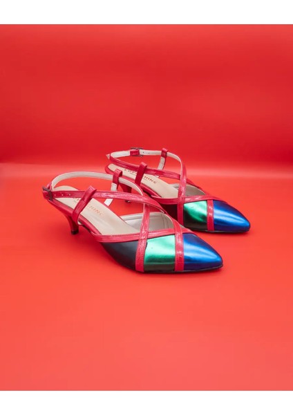 Sevora Renkli Şeritli Metalik Topuklu Kadın Ayakkabı Modern ve Konforlu Büyük Numara