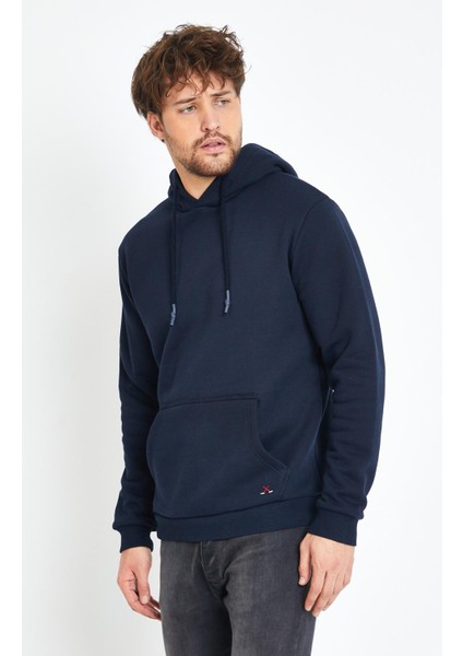 Erkek Kapüşonlu Kanguru Cep 3 İplik Sweatshirt Lacivert