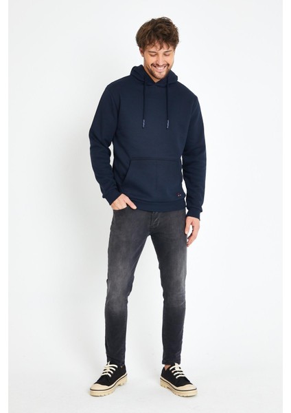 Erkek Kapüşonlu Kanguru Cep 3 İplik Sweatshirt Lacivert fiyatları