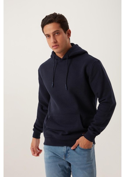 Erkek Kapüşonlu Kanguru Cep 3 İplik Sweatshirt Lacivert