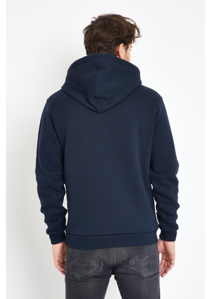 Erkek 3 İplik Pamuklu İçi Polarlı Regular Fit Nakışlı Kapüşonlu Kanguru Cepli Lacivert Sweatshirt