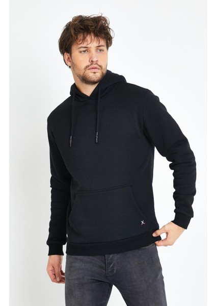 Erkek Kapüşonlu Kanguru Cep 3 İplik Sweatshirt Siyah