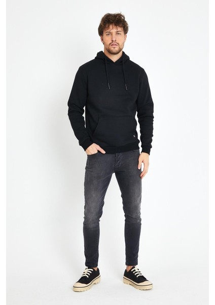 Erkek Kapüşonlu Kanguru Cep 3 İplik Sweatshirt Siyah fiyatları