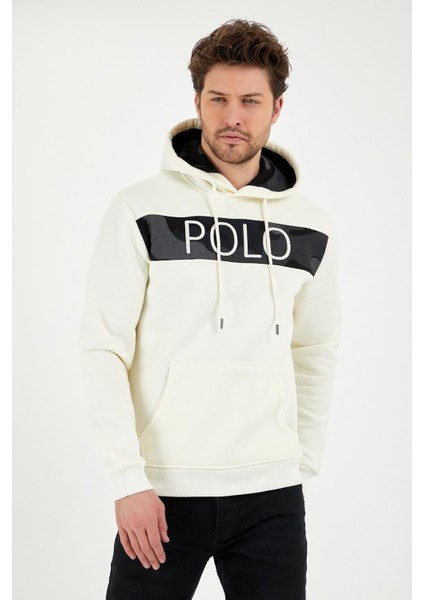 Erkek 3 İplik Pamuklu İçi Polarlı Regular Fit Nakışlı Kapüşonlu Kanguru Cepli Ekru Sweatshirt indirimleri