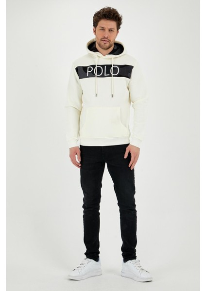 Erkek 3 İplik Pamuklu İçi Polarlı Regular Fit Nakışlı Kapüşonlu Kanguru Cepli Ekru Sweatshirt