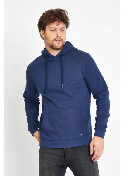 Erkek Kapüşonlu Kanguru Cep 3 İplik Sweatshirt İndigo