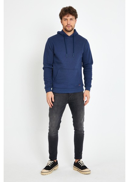 Erkek Kapüşonlu Kanguru Cep 3 İplik Sweatshirt İndigo fiyatları
