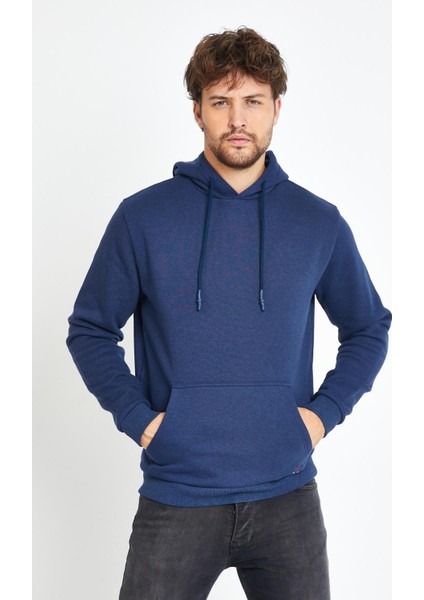 Erkek Kapüşonlu Kanguru Cep 3 İplik Sweatshirt İndigo modelleri