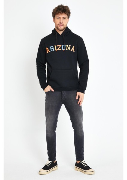 Erkek 3 İplik Pamuklu İçi Polarlı Regular Fit Nakışlı Kapüşonlu Kanguru Cepli Siyah Sweatshirt