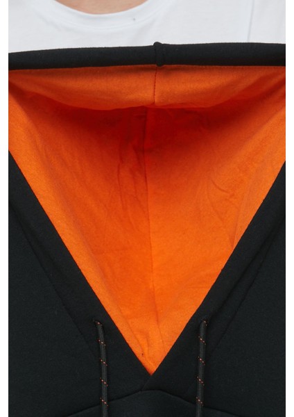 Erkek 3 İplik Pamuklu İçi Polarlı Regular Fit Nakışlı Kapüşonlu Kanguru Cepli Siyah Sweatshirt