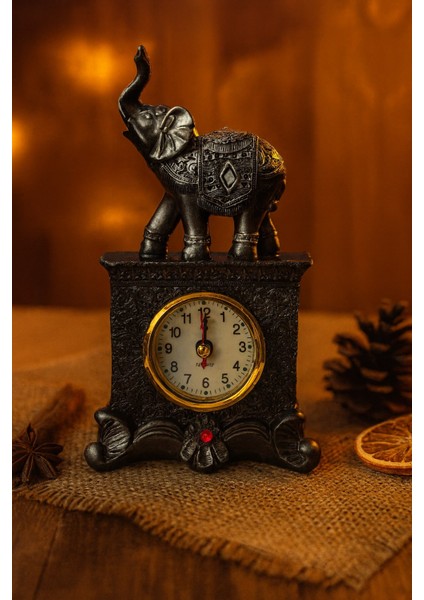 Dekoratif Gri Fil Figürlü Masa Saati – 19 cm | Şık Ev & Ofis Aksesuarı