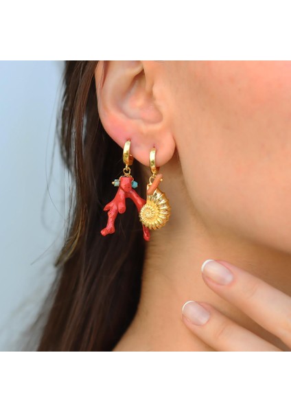 Mercan Deniz Kabuğu Gold Gümüş Küpe