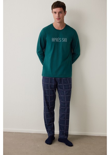 Yeşil Erkek Ski Ekoseli Bisiklet Yaka Pijama Takımı