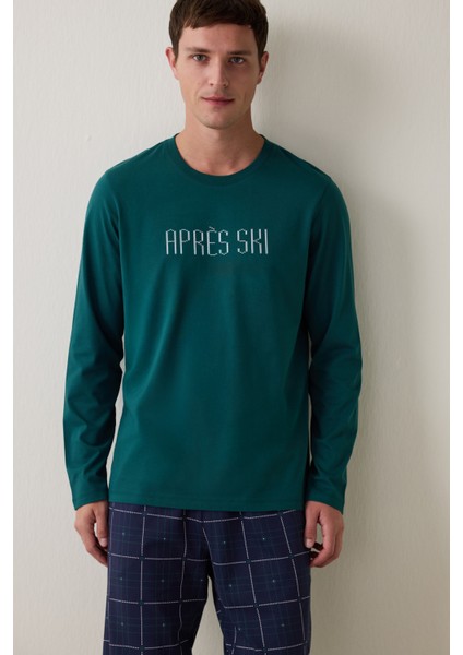 Yeşil Erkek Ski Ekoseli Bisiklet Yaka Pijama Takımı