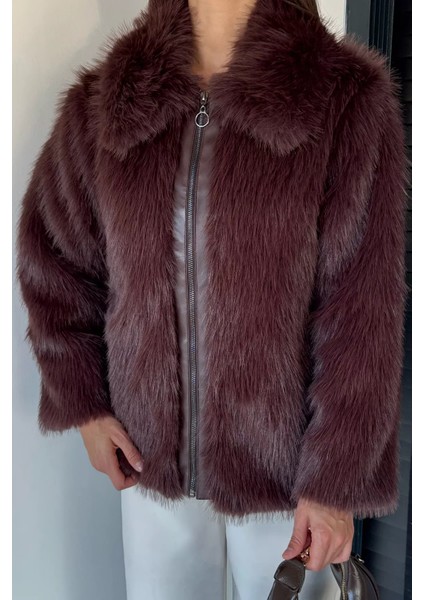 Kadın Ön Fermuarlı Saçaklı Kürklü Mont P-00018972