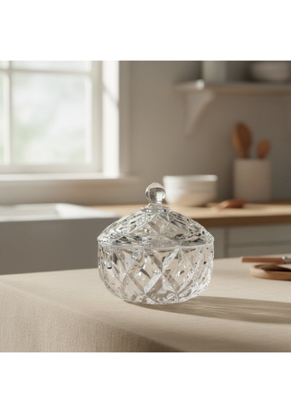 Tuna Kristal Desen Kapaklı Parlak Cam Şekerlik 12×11 cm