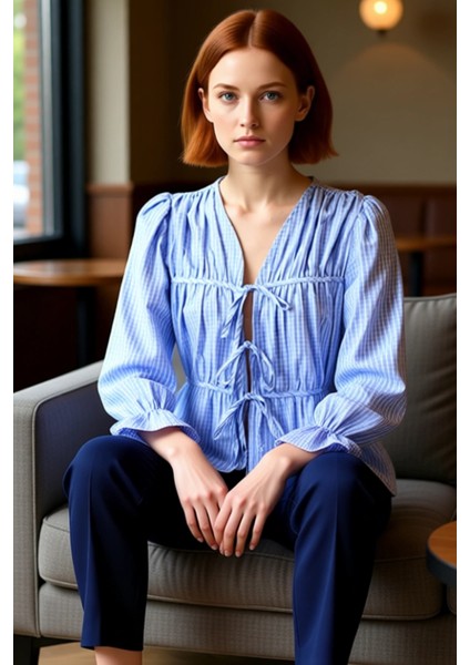 Kadın Kareli V Yaka Balon Kol Bağcıklı Dokuma Bluz Kaliteli Şık Rahat Modern Zarif Günlük fiyatları