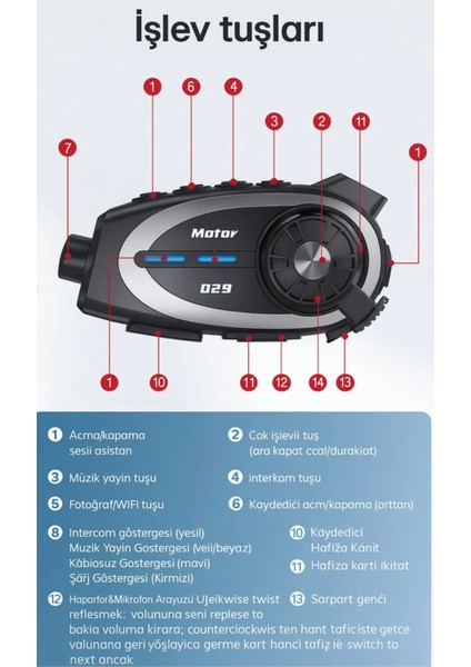 T Q29 Motosiklet Kask Bluetooth Kulaklık Eşleşmeli 1080P Kamera Geniş Açı Su Geçirmez Intercom
