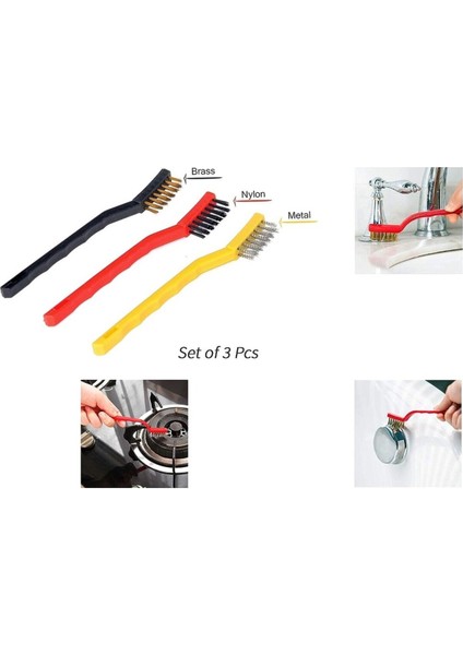 Tel Fırça Seti 3’lü Set, Sert Plastik-Pirinç-Paslanmaz Çelik Tel Fırçalar