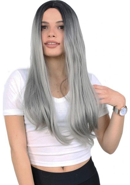 Fiber Sentetik Uzun Düz Peruk - Siyah / Gri Ombreli