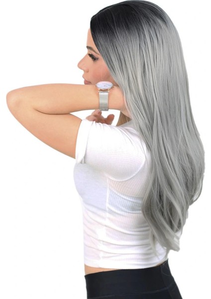 Fiber Sentetik Uzun Düz Peruk - Siyah / Gri Ombreli modelleri