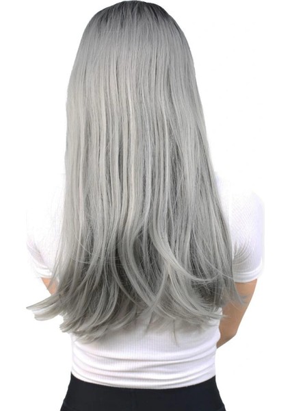 Fiber Sentetik Uzun Düz Peruk - Siyah / Gri Ombreli fırsatları