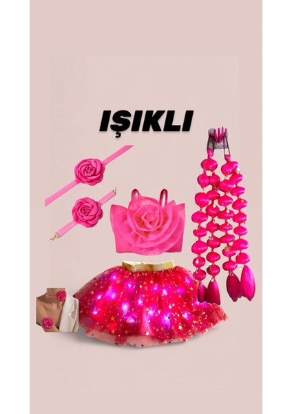 Pembe Tütü Yıldız Işıklı Etek Pembe Güllü Bluz Alt Üst Takımı Güllü Kolye Bileklik Pembe Bubble Saç