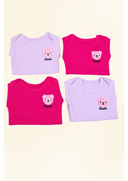 4'lü Kız Bebek Bebek Çıtçıtlı Uzun Kollu Renkli Smile Desenli Zıbın %100 Organik Waffl Pamuk Kumaş modelleri