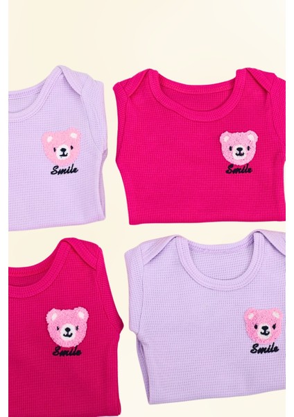 4'lü Kız Bebek Bebek Çıtçıtlı Uzun Kollu Renkli Smile Desenli Zıbın %100 Organik Waffl Pamuk Kumaş indirimleri