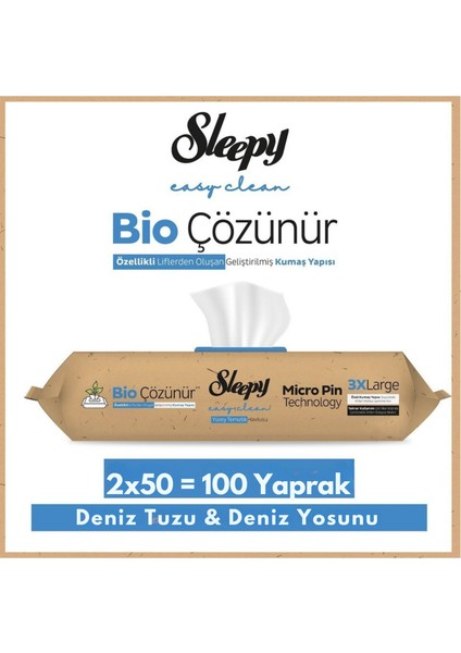 Bio Çözünür Yüzey Temizlik Havlusu - Mendili 2li / Deniz Tuzu & Deniz Yosunu 2X50 ( 100 Yaprak )