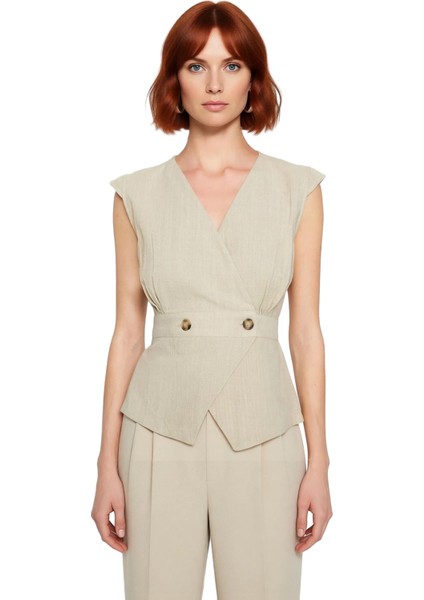 Kadın Keten Görünümlü V Yaka Kolsuz Bluz Pamuklu Yazlık Günlük Seçkin Malzeme Yüksek Kalite modelleri