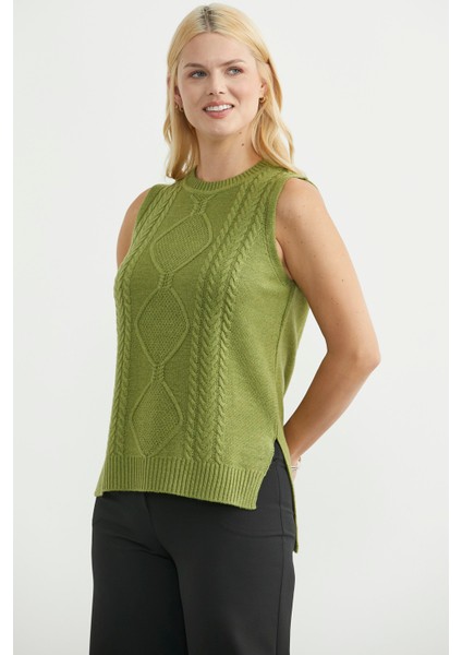 Etnik Motifli Kolsuz Triko Kazak - Yeşil fiyatları