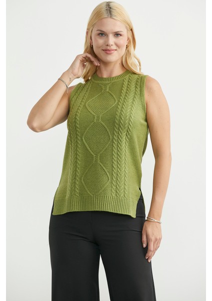 Etnik Motifli Kolsuz Triko Kazak - Yeşil fırsatları