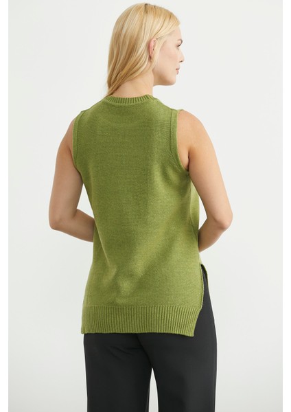 Etnik Motifli Kolsuz Triko Kazak - Yeşil indirimleri