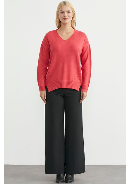 Oversize V Yaka Triko Kazak - Gül