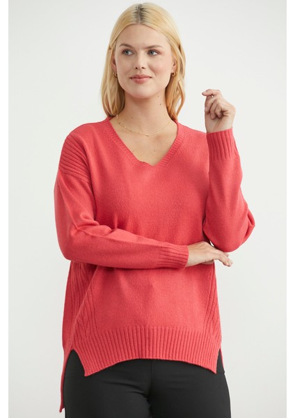 Oversize V Yaka Triko Kazak - Gül fiyatları