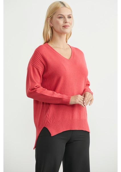 Oversize V Yaka Triko Kazak - Gül fırsatları