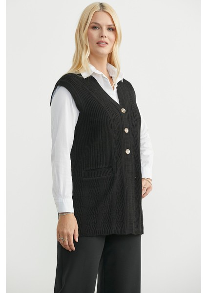Cepli Düğmeli Triko Yelek - Siyah fırsatları