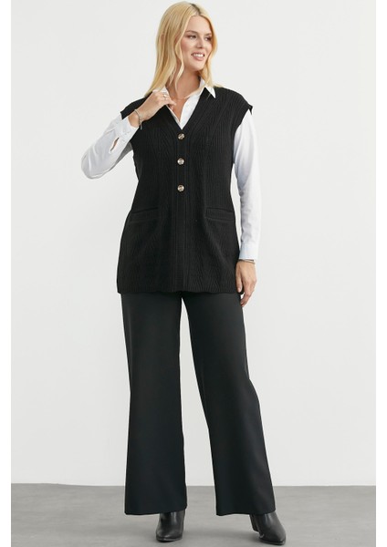 Cepli Düğmeli Triko Yelek - Siyah indirimleri