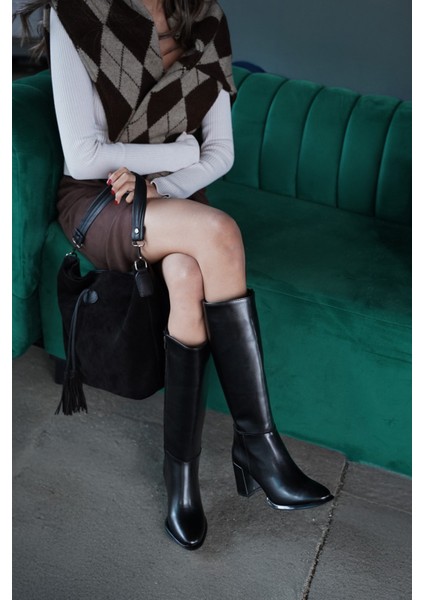 Kadın Fermuarlı Kalın Topuklu Çizme Lovet Siyah