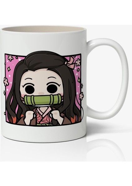 Iblis Keser Pembe Nezuko Kamado Anime Baskılı Beyaz Kupa Bardak