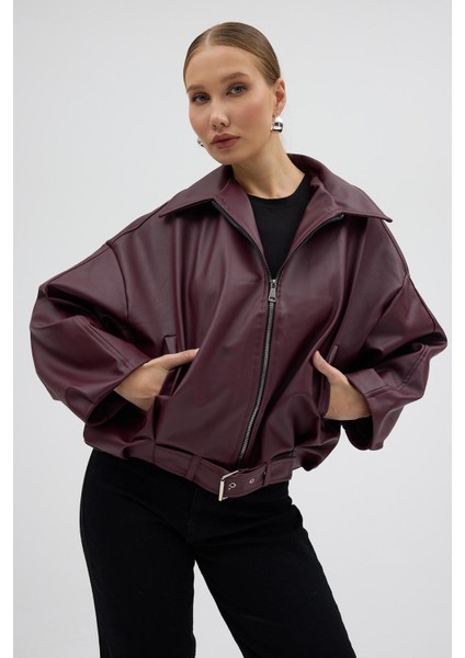 Kadın Oversize Deri Ceket– Oversize Relax Fit, Fermuarlı Kemer Detaylı Günlük Kadın Ceket