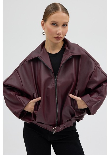 Kadın Oversize Deri Ceket– Oversize Relax Fit, Fermuarlı Kemer Detaylı Günlük Kadın Ceket modelleri